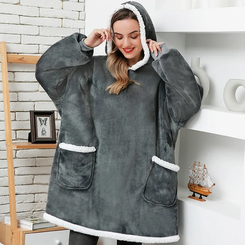 Wenkouban Winter Oversized Hoodies Sweatshirt Women Men Pullover Giant TV Blanket Hoodie Super Long Flannel Blanket with Sleeves Sudaderas