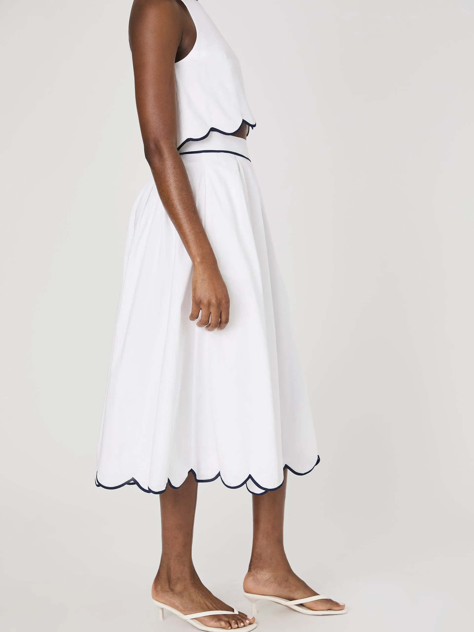 White Cotton Scallop Midi Skirt