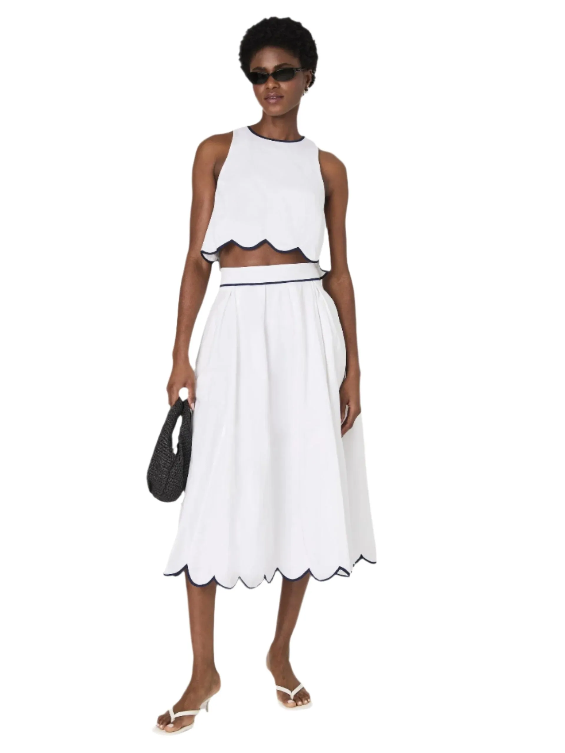 White Cotton Scallop Midi Skirt