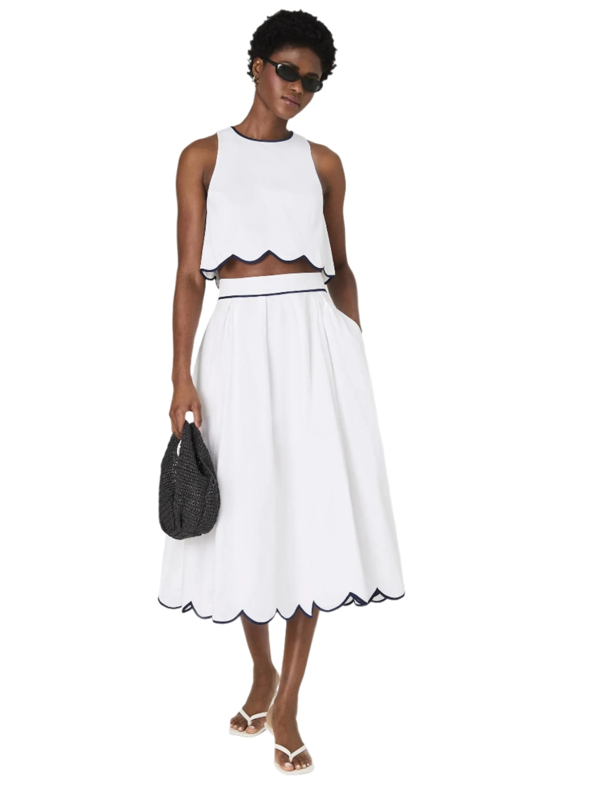 White Cotton Scallop Midi Skirt