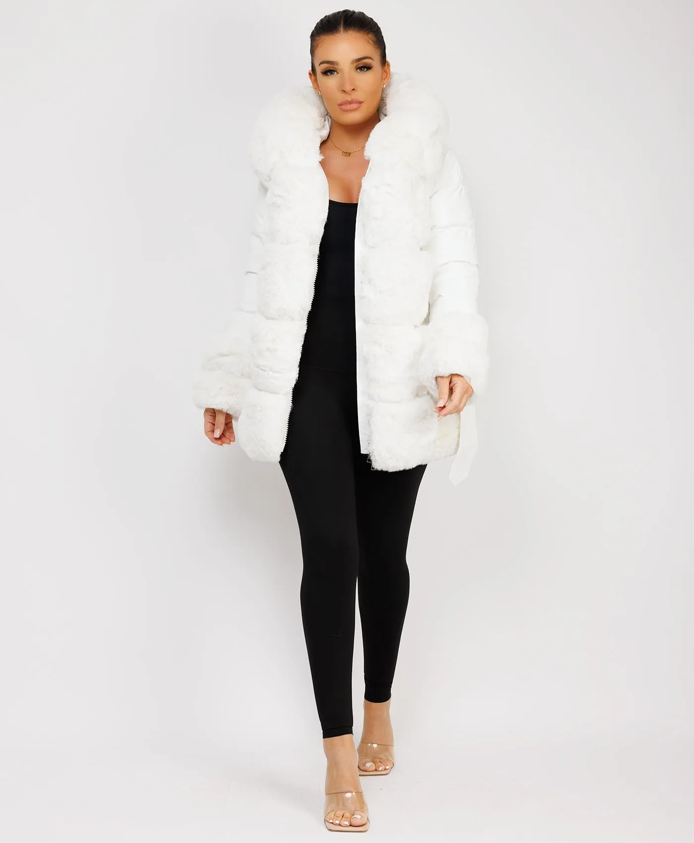 White Puffer Padded Jacket With Faux Fur Hood Cuff And Trim