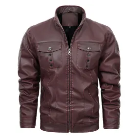 Wine Red Male PU Leather Bomber Jacket