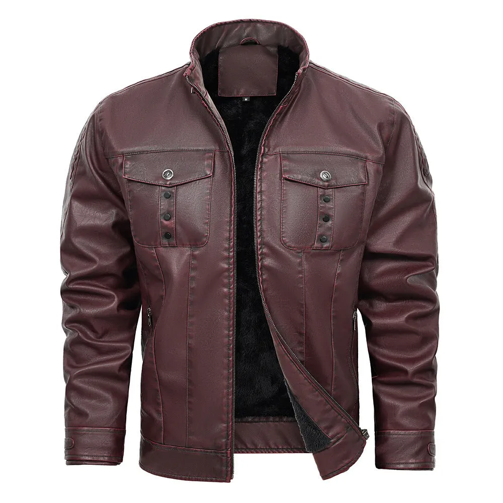 Wine Red Male PU Leather Bomber Jacket