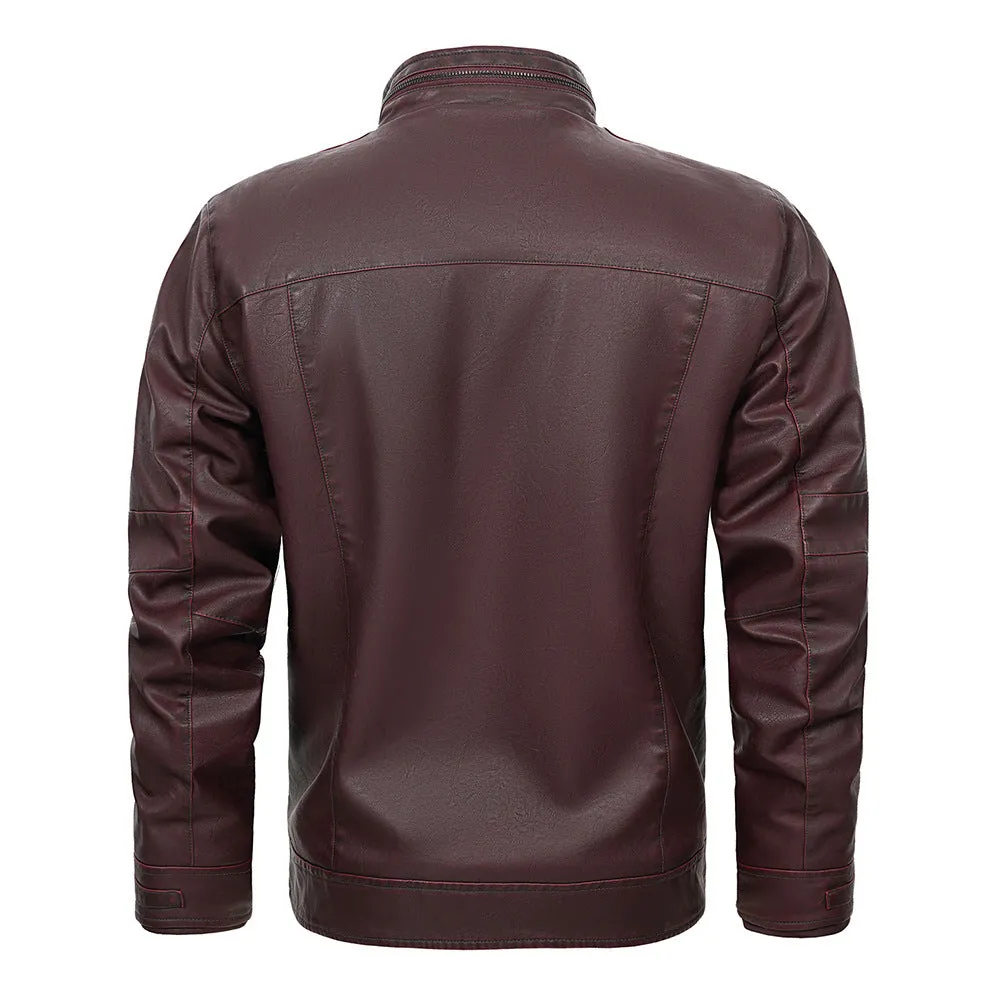 Wine Red Male PU Leather Bomber Jacket