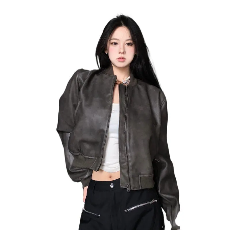 Wjczt bomber jacket American High Street Personalized Short Pu Leather Jacket Women's Spring and Autumn New Maillard Motorcycle Jacket Fashion