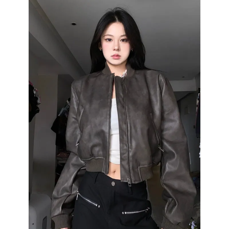 Wjczt bomber jacket American High Street Personalized Short Pu Leather Jacket Women's Spring and Autumn New Maillard Motorcycle Jacket Fashion