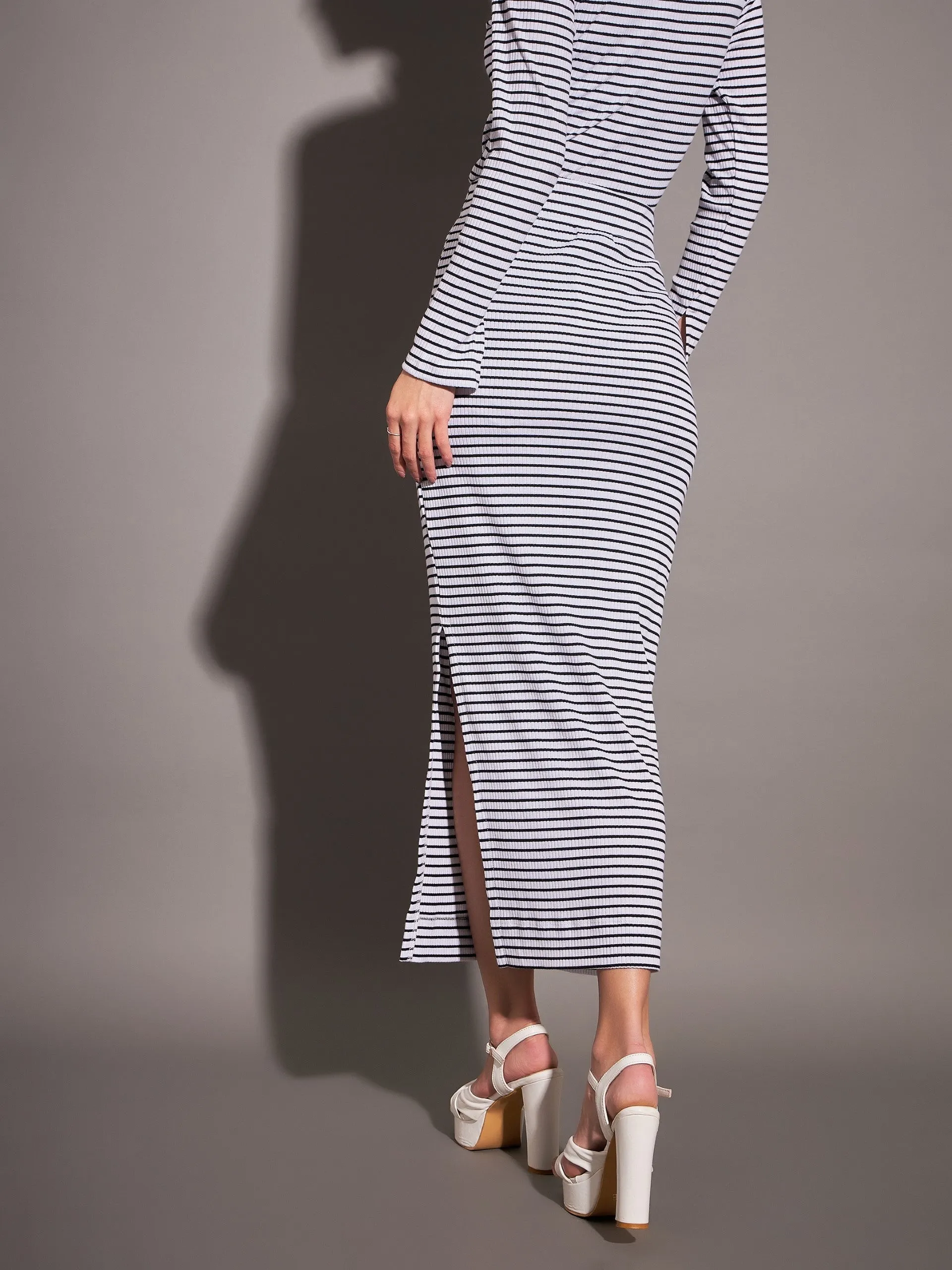 Women Black & White Striped Rib Pencil Skirt