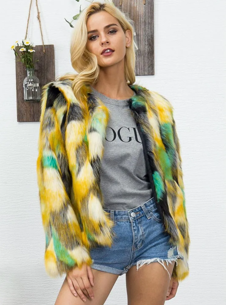 Women Colorful Gradient Long Sleeve Faux Fur Jacket