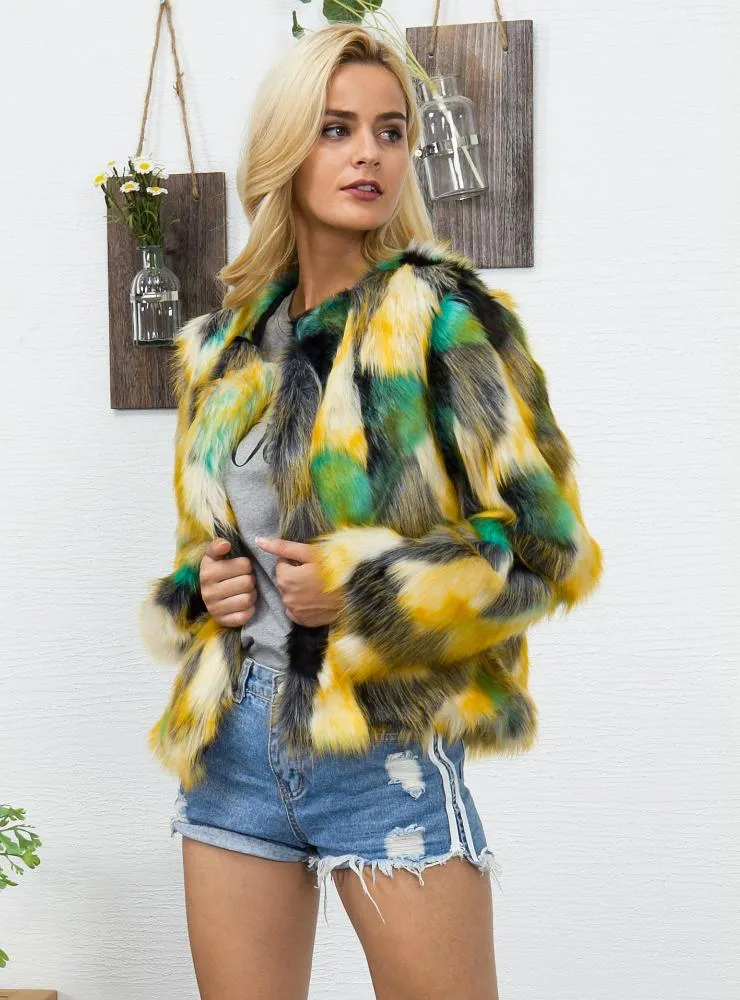 Women Colorful Gradient Long Sleeve Faux Fur Jacket