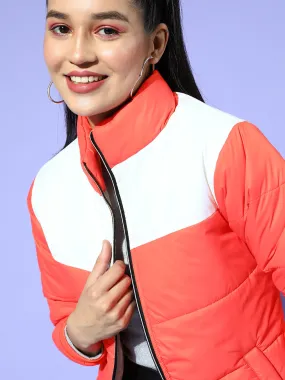 Women Coral & White Color Block Quilted Puffer Jacket