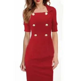 Women Half Sleeves Decorated Buttons Pencil Style Dress - KMWD183