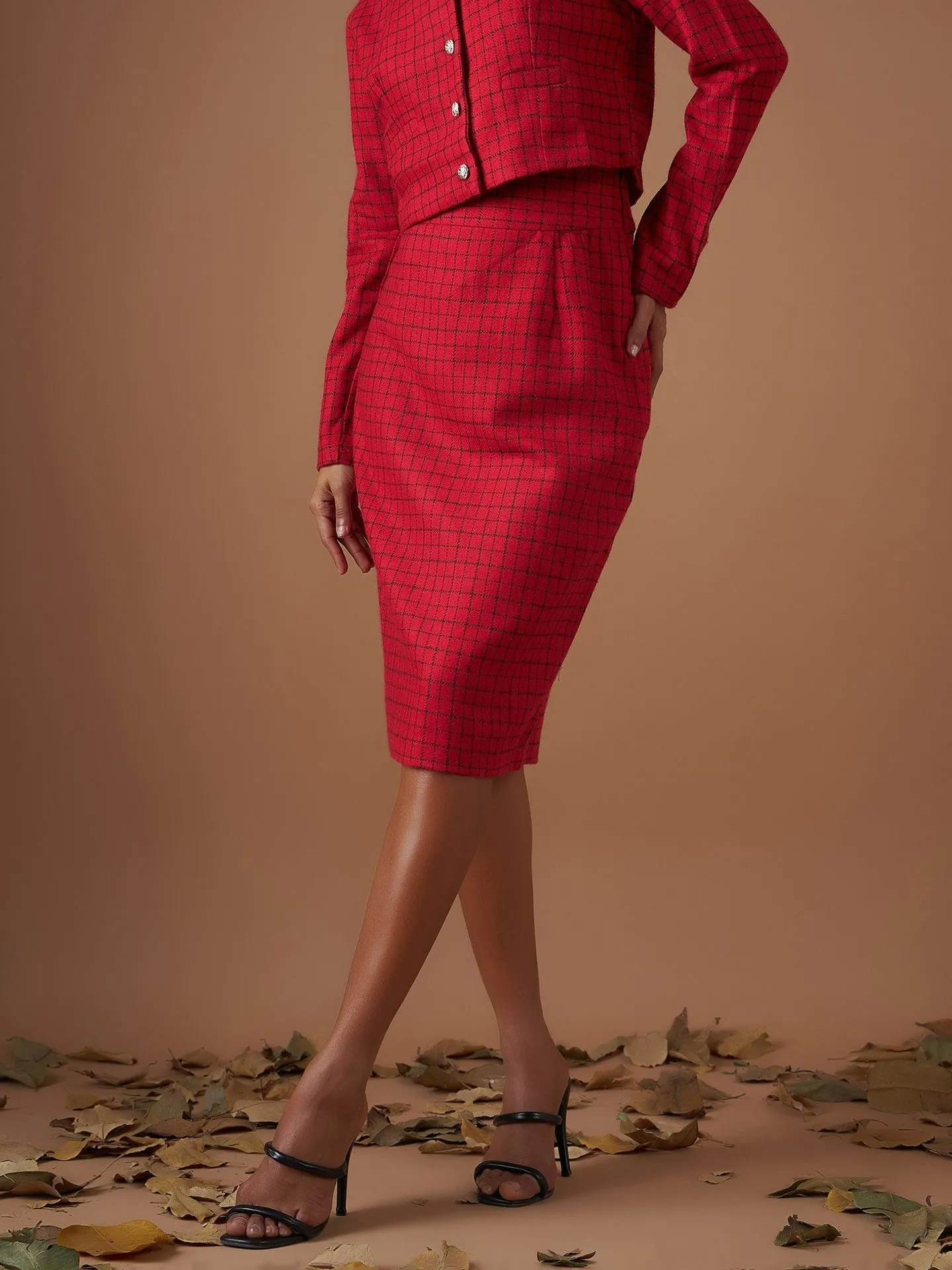 Women Red Check Jacquard Tweed Pencil Skirt