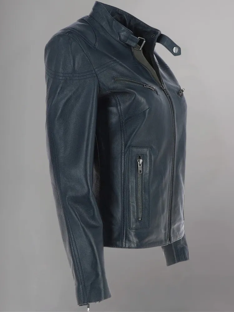 WOMEN SLIM FIT GENUINE BIKER STYLE CAFE RACER BLUE LEATHER JACKET