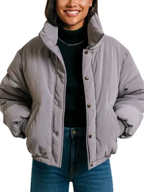 Women's Grey Puffer Jacket With High Collar