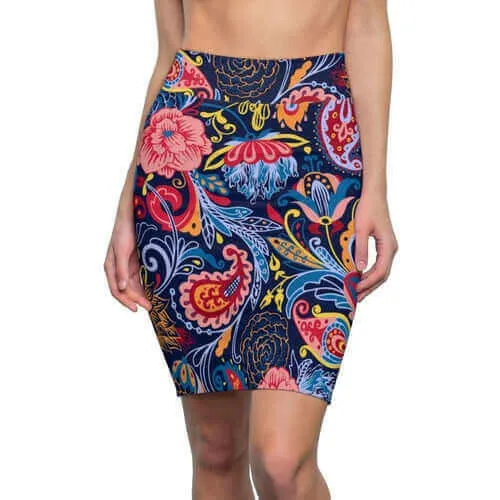 Womens Pencil Skirt, High Waist Stretch, Multicolor Floral Print