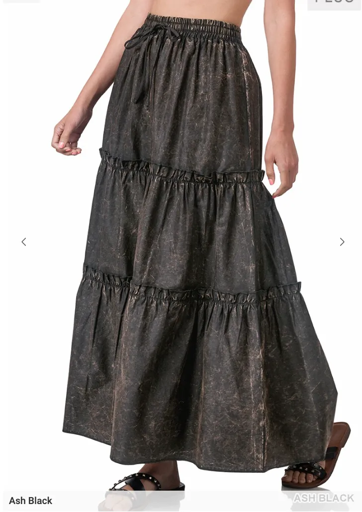 WOVEN ACID WASH DRAWSTRING WAIST TIERED RUFFLE MAXI SKIRT