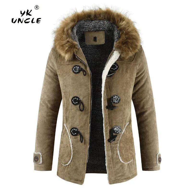 YK UNCLE Winter Fleece Military Jackets Men Faux Fur Hooded Windproof Outwear Parka Men Horns Buckle Thick Windbreaker Overcoat